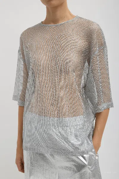 Tibi Viscose Metallic Mesh Easy T-shirt In Silver In Gray