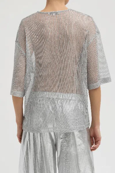 Tibi Viscose Metallic Mesh Easy T-shirt In Silver In Gray