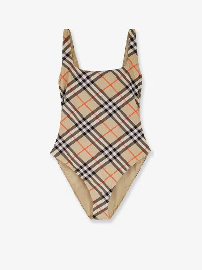 Burberry Women Nylon One-piece Swimsuit With Check Print In Neutral