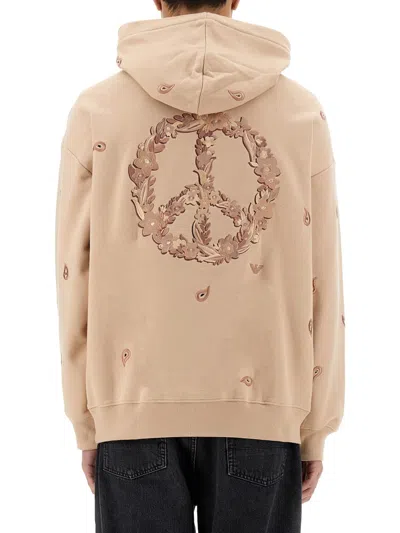 Emporio Armani Pure Cotton Sweatshirt With Floral Peace Sign Motifs In Neutral