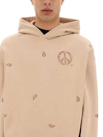 Emporio Armani Pure Cotton Sweatshirt With Floral Peace Sign Motifs In Neutral