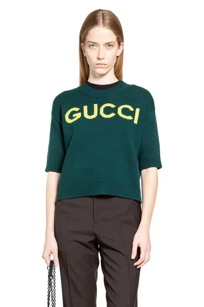 Gucci Women Wool Sweater With Frontal Logo Embroidery In Green