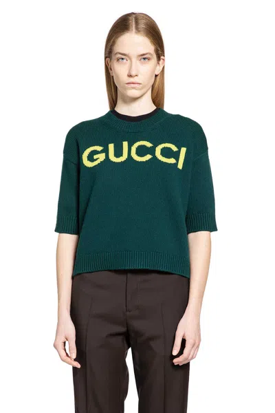 Gucci Women Wool Sweater With Frontal Logo Embroidery In Green