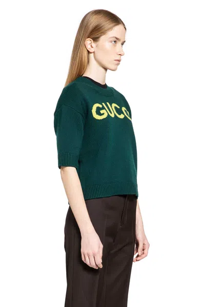 Gucci Women Wool Sweater With Frontal Logo Embroidery In Green