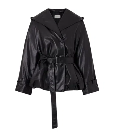 Magda Butrym Double-breasted Belted Hooded Leather Jacket In Black