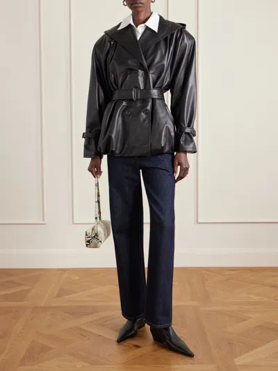 Magda Butrym Double-breasted Belted Hooded Leather Jacket In Black