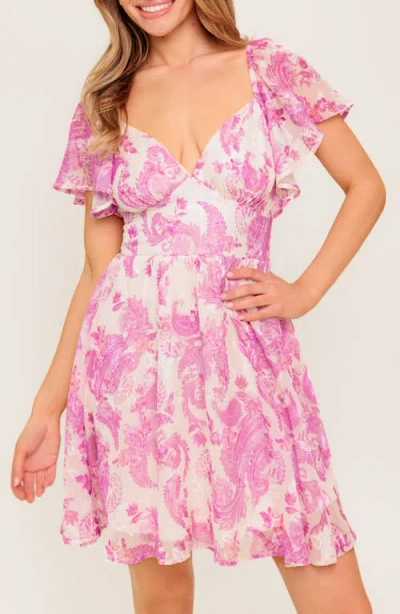 Flying Tomato Flutter Sleeve Print Midi Dress In Pink
