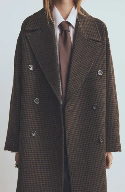 Mango Micro Houndstooth Wool Blend Double Breasted Coat In Brown