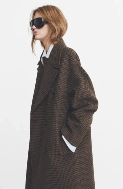 Mango Micro Houndstooth Wool Blend Double Breasted Coat In Brown