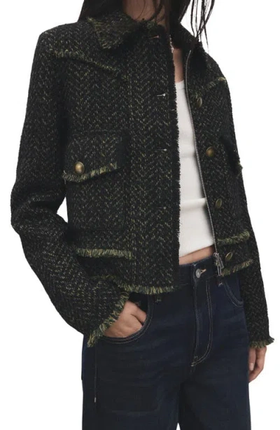 Mango Zip Front Tweed Jacket In Black