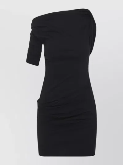 Jacquemus Asymmetrical One-shoulder Bodycon Mini Dress With Ruched Sleeve In Black