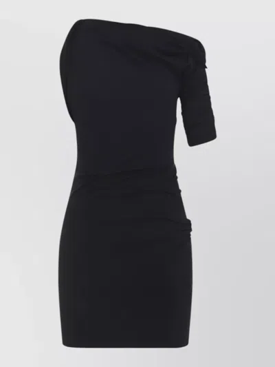 Jacquemus Asymmetrical One-shoulder Bodycon Mini Dress With Ruched Sleeve In Black