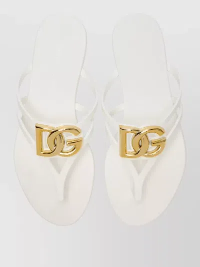 Dolce & Gabbana Women White Thong Sandals With Logo Plaque On The Front In Rubber Woman