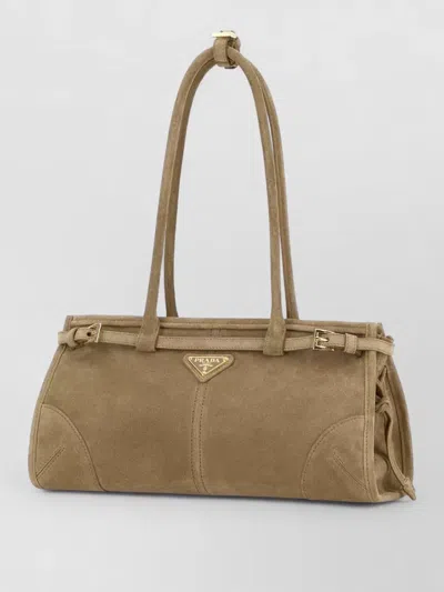 Prada Suede Shoulder Bag Rectangular Shape Buckle In Brown