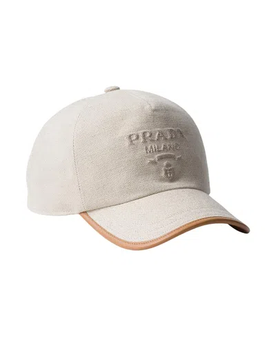 Prada Linen Blend Baseball Cap In White
