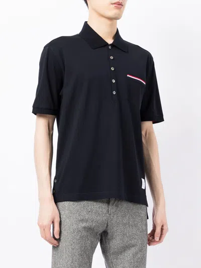 Thom Browne Navy Blue Cotton Polo Shirt In Black