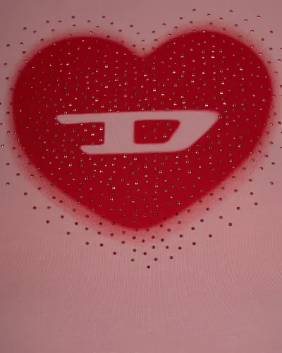 Diesel Women Pink Crew Neck T-shirt With Front Print And Beaded Details In Cotton Woman In Gold