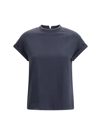 Brunello Cucinelli Women Blue Crewneck T-shirt With Monil Detail On The Collar And Rear Cut-out In C In Blue