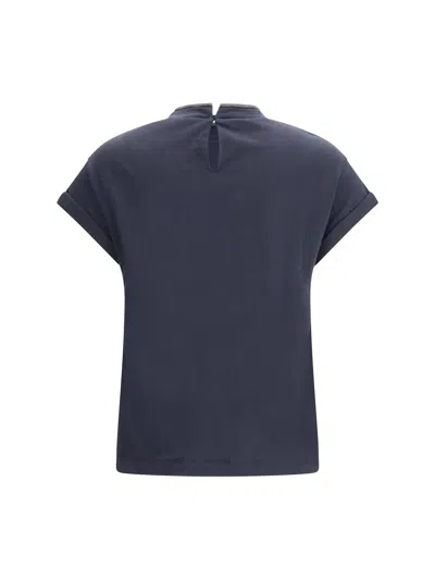 Brunello Cucinelli Women Blue Crewneck T-shirt With Monil Detail On The Collar And Rear Cut-out In C In Blue