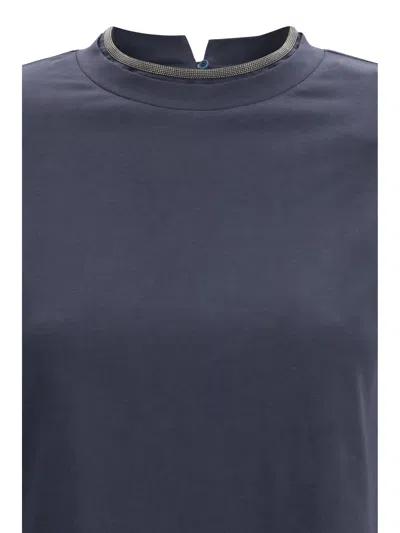 Brunello Cucinelli Women Blue Crewneck T-shirt With Monil Detail On The Collar And Rear Cut-out In C In Blue