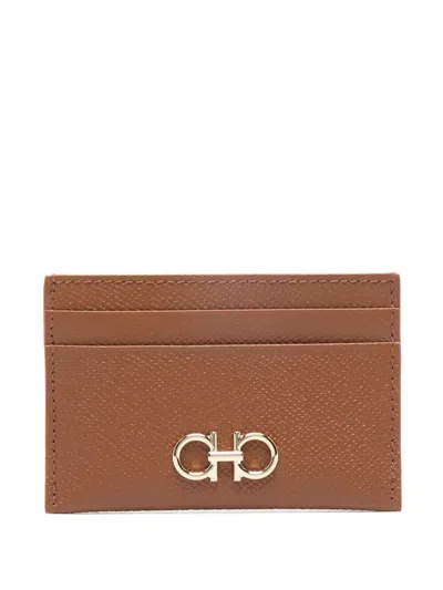 Ferragamo Hammered Leather Cardholder Featuring Gancini Detail In Brown