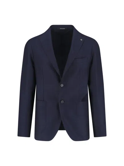 Tagliatore Single-breasted Blue Jacket With Peaked Lapel And Tailored Silhouette In Blue