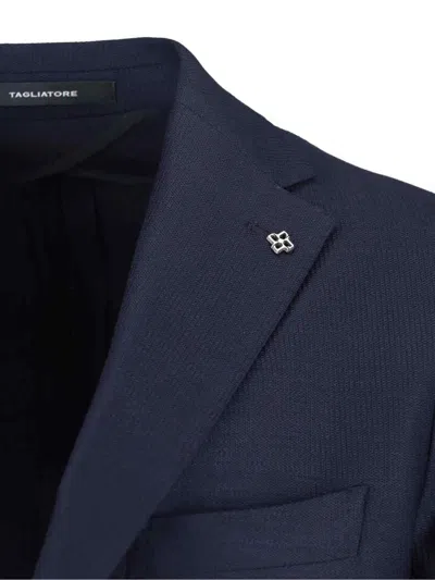 Tagliatore Single-breasted Blue Jacket With Peaked Lapel And Tailored Silhouette In Blue