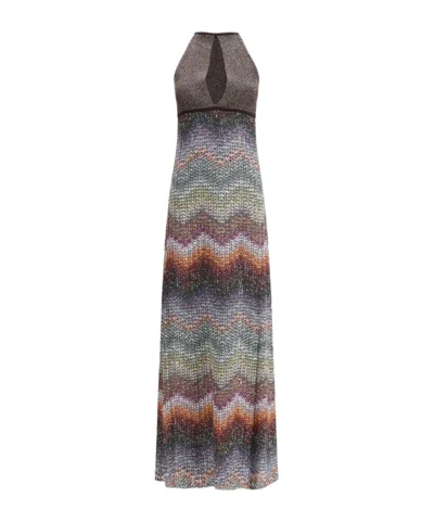Missoni Long Halter-neck Dress In A Greek-style Zigzag Knit With Sequins Clothing In Multi