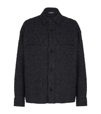 Balmain Monogram Tweed Overshirt In Black
