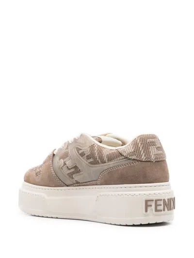 Fendi Match Canvas And Suede Low-top Sneakers In Brown