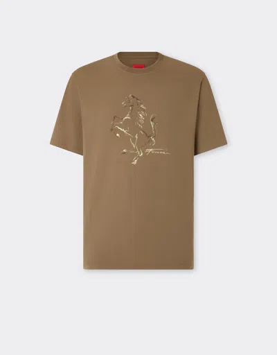 Ferrari Cotton T-shirt With Prancing Horse Print In Brown