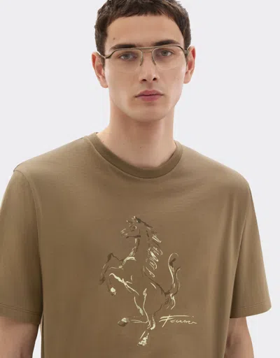 Ferrari Cotton T-shirt With Prancing Horse Print In Brown