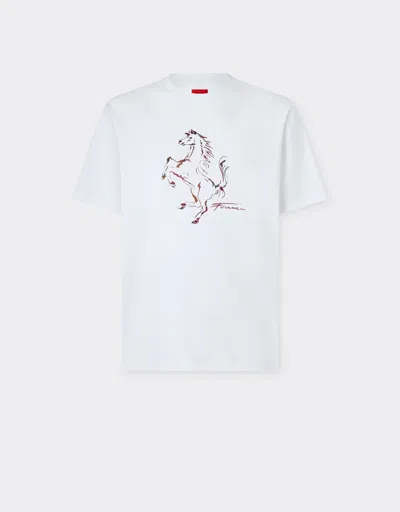 Ferrari Cotton T-shirt With Prancing Horse Print In White