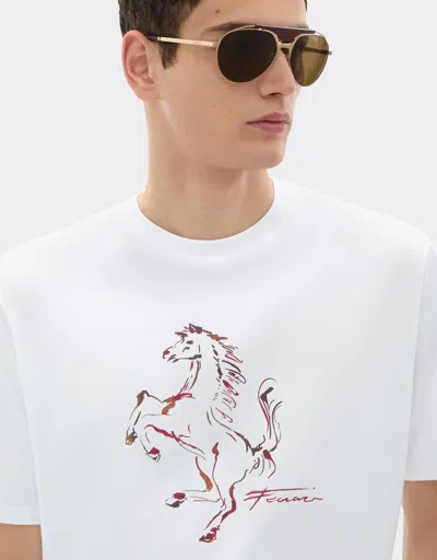 Ferrari Cotton T-shirt With Prancing Horse Print In White