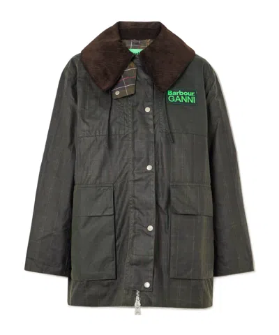 Barbour Dark Brown Jacket With All-over Stripe Motif And Logo Patch On The Front In Waxed Cotton Woman