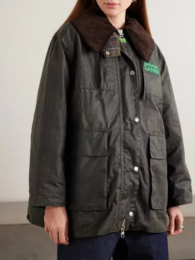 Barbour Dark Brown Jacket With All-over Stripe Motif And Logo Patch On The Front In Waxed Cotton Woman