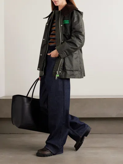 Barbour Dark Brown Jacket With All-over Stripe Motif And Logo Patch On The Front In Waxed Cotton Woman