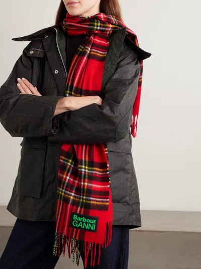 Barbour Red Check Pattern Wool Scarf In Red