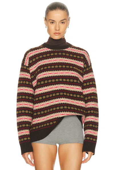 Miu Miu Embroidered Wool Oversize Sweater In Brown