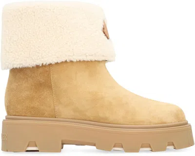 Moncler Camel Beige Real Leather Aurea Mid Ankle Boots In Multi