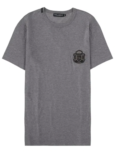 Dolce & Gabbana Crewneck T-shirt With Logo-patch In Gray