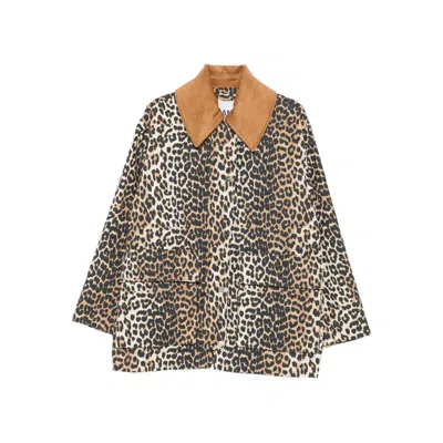 Ganni Leopard Printed Canvas Midi Puffer Jackets Brown In Animal Print