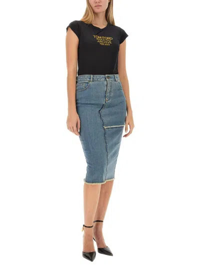 Tom Ford Patchwork High-waisted Slim Fit Skirt In Blue