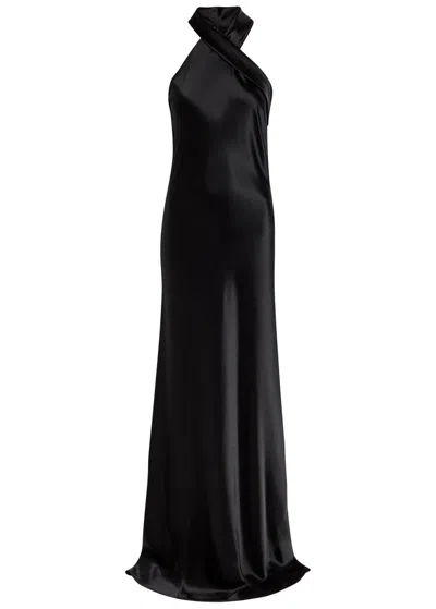 Galvan Pandora Halterneck Satin Gown In Black