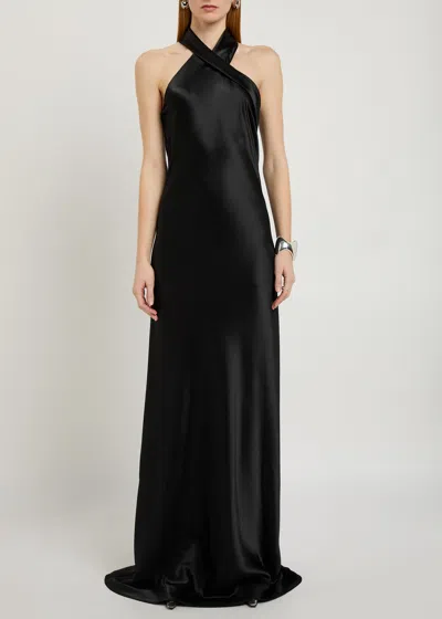 Galvan Pandora Halterneck Satin Gown In Black