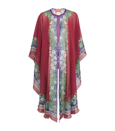 La Doublej Silk Chiffon Printed Cape In Red