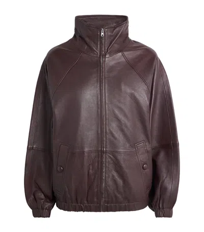 Sandro Oversized Zip Up Leather Jacket In Brown
