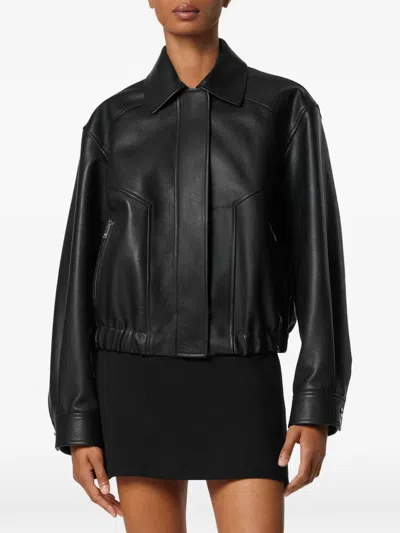 Versace Leather Jacket Collared Neck Button Cuffs Hem In Black