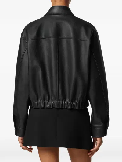 Versace Leather Jacket Collared Neck Button Cuffs Hem In Black