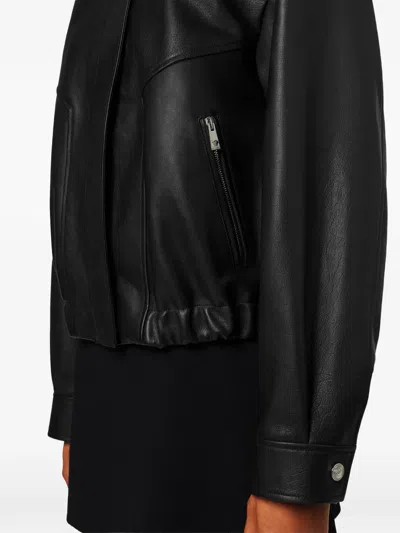 Versace Leather Jacket Collared Neck Button Cuffs Hem In Black